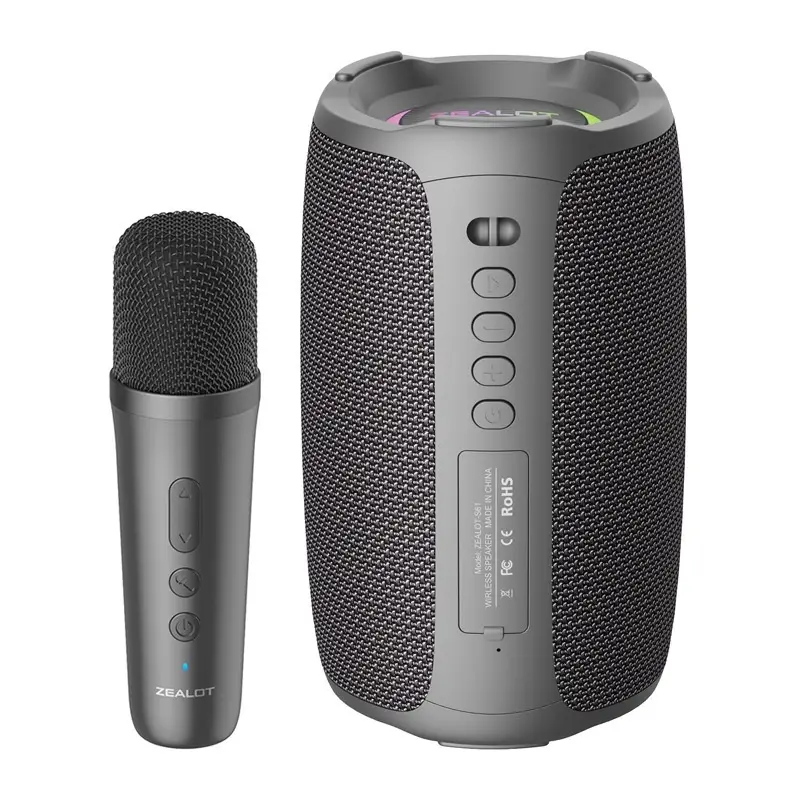 Ultimate Party Companion: Wireless Karaoke Speaker with Microphone - Sing Anytime, Anywhere 8 Wireless Speaker And Microphone Set By Zealot, Featuring A Cylindrical Speaker Design And A Handheld Microphone.