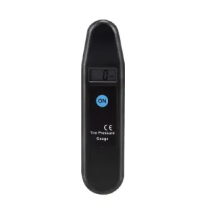 Digital tire pressure gauge with an LCD display and a power button for measuring tire pressure.