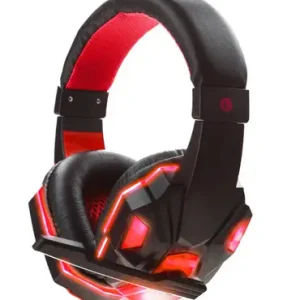 Black and red gaming headset with LED lights and a microphone attached for audio communication.