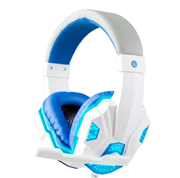 Immersive Sound with Soyto SY830MV Wired Gaming Headphones 9 White And Blue Gaming Headset With Led Lights And Adjustable Microphone For Immersive Audio Experience.