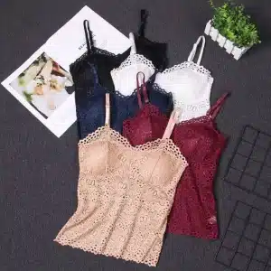 Lace camisoles in various colors including black, white, navy, beige, burgundy, and red arranged neatly on a flat surface.