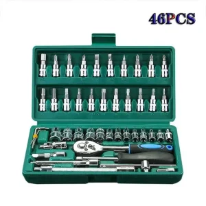 46-piece socket tool set in a green storage case with various sizes and types of sockets and a ratchet handle.