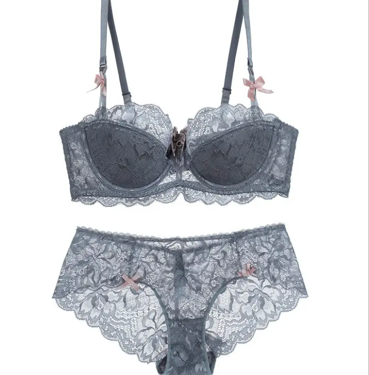 Elegant Lace Thin Cotton Women's Underwear Set for Comfort 3 Gray Lace Lingerie Set Consisting Of A Bra And Matching Panties With Decorative Bows.