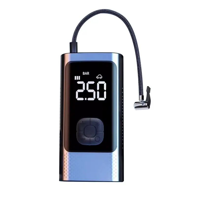 Portable Wireless Tire Inflator – Inflate Anywhere, Anytime! 3 Digital Tire Inflator With A Display Showing 2.50 Bar Pressure And A Flexible Hose Attachment.