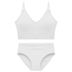 White bralette with adjustable straps and matching high-waisted briefs.