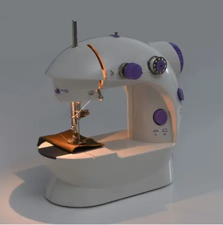 Compact Multifunctional Mini Sewing Machine for Home Projects 2 A Compact Sewing Machine In White And Purple With A Visible Needle And Fabric.