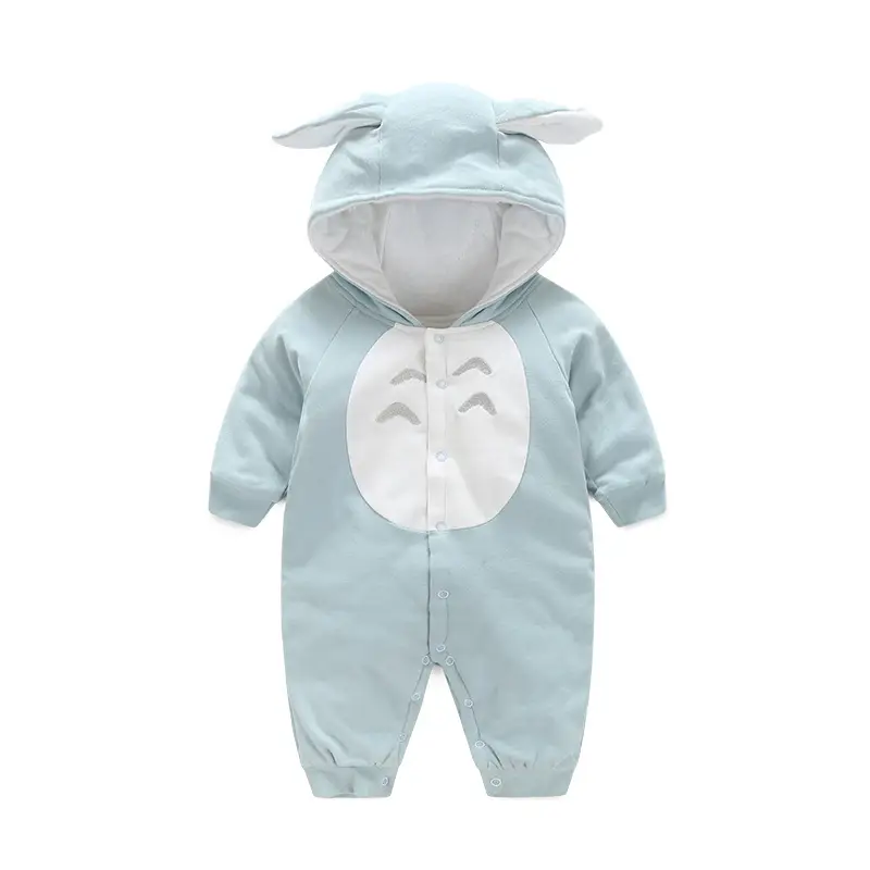 Adorable Baby Jumpsuit - Comfy & Cute Romper for Little Ones 2 Light Blue Baby Onesie Featuring A Hood With Animal Ears And A White Front Panel.