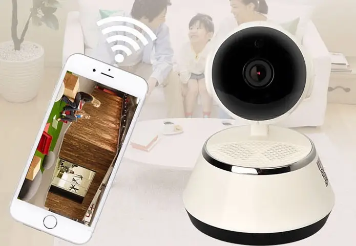 720P Wireless IP Camera - Home Security with Micro SD Slot 4 Home Security Camera With A Smartphone Displaying A Live Video Feed Of A Family.