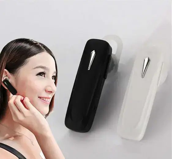 Drive comfortably with the M163 Bluetooth Headset: Ideal for Hands-Free Calls 5 Wireless Earbuds In Black And White Colors Displayed Next To A Woman Wearing A Black Earbud.