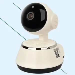 A white security camera with a round lens and a rotating base, designed for monitoring purposes.
