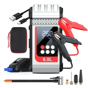 Portable air compressor with digital display, USB charging, and various nozzles for inflation tasks.