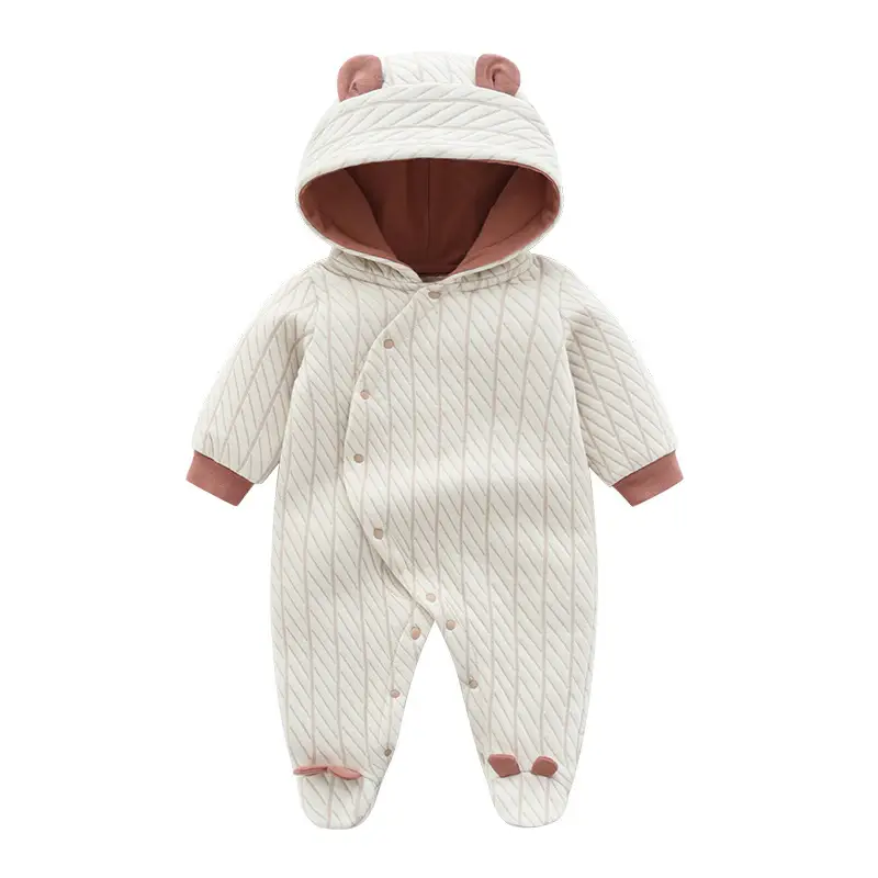Cozy Long Sleeve Newborn Romper for Tiny Tots 2 Baby Quilted One-Piece Suit In Cream With A Bear Hood And Pink Accents.