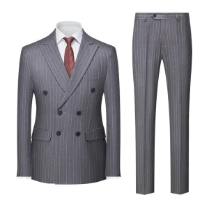Gray pinstripe suit consisting of a double-breasted jacket and matching trousers.