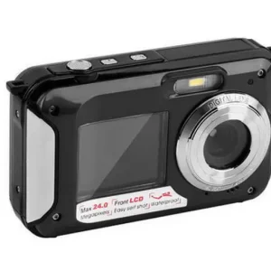 Black digital waterproof camera with a front LCD and a lens on the side.