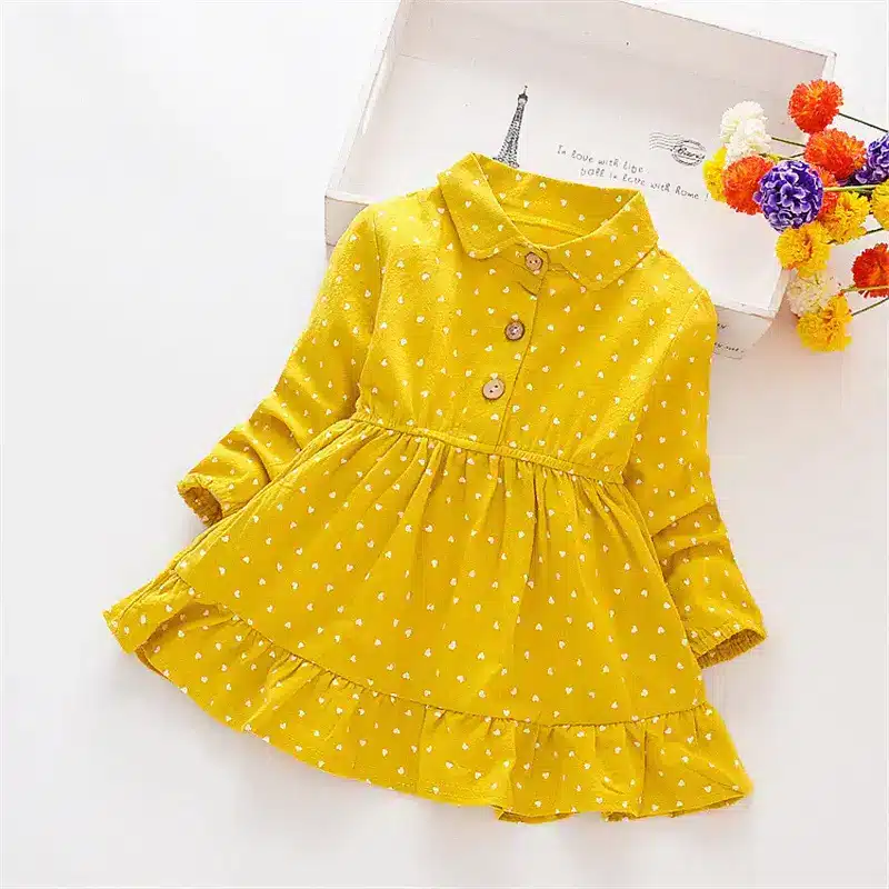 Charming Spring Princess Dress for Little Girls - Adorable Skirt! 4 Yellow Dress With White Polka Dots And A Ruffled Hem, Featuring A Collar And Buttons.