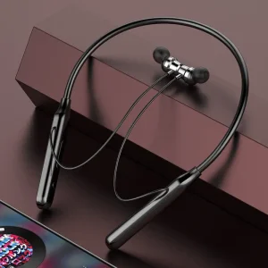 Wireless neckband headphones with in-ear earbuds and a sleek black design resting on a surface next to a smartphone.