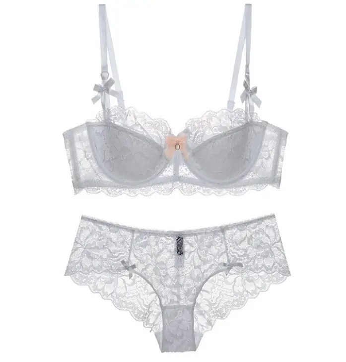 Elegant Lace Thin Cotton Women's Underwear Set for Comfort 5 White Lace Lingerie Set Consisting Of A Bra And Matching Panties With Decorative Bows And Floral Accents.