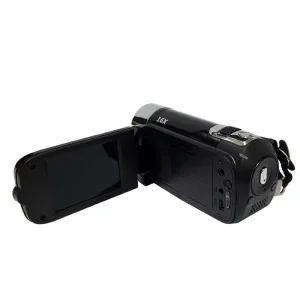 Black digital camcorder with a flip-out screen and 16x zoom feature.