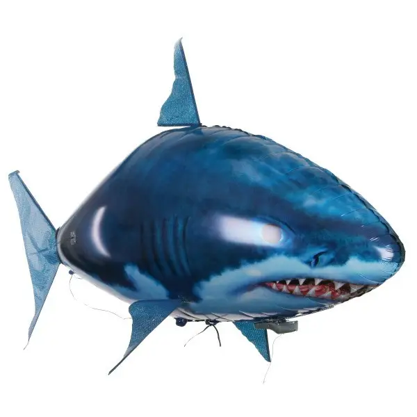 Remote Control Shark Toy - Swim and Fly, Fun for All Ages 7 A Blue Inflatable Shark Balloon With Detailed Features And A Fin Design.