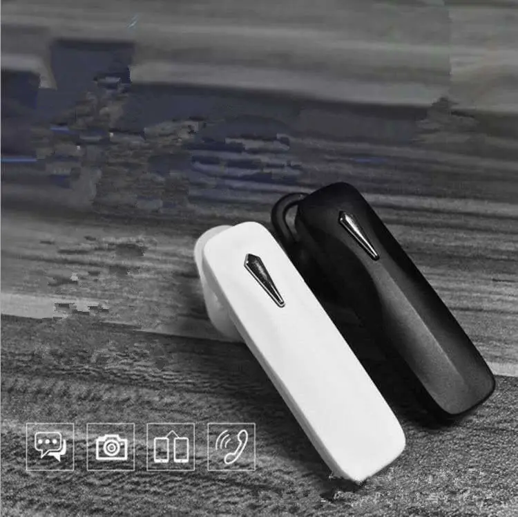 Drive comfortably with the M163 Bluetooth Headset: Ideal for Hands-Free Calls 2 Wireless Bluetooth Earphones In Black And White Colors Placed On A Wooden Surface.