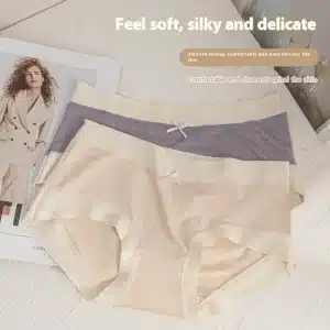 Three pairs of women's underwear in beige, gray, and light gray colors with smooth edges and a bow detail.
