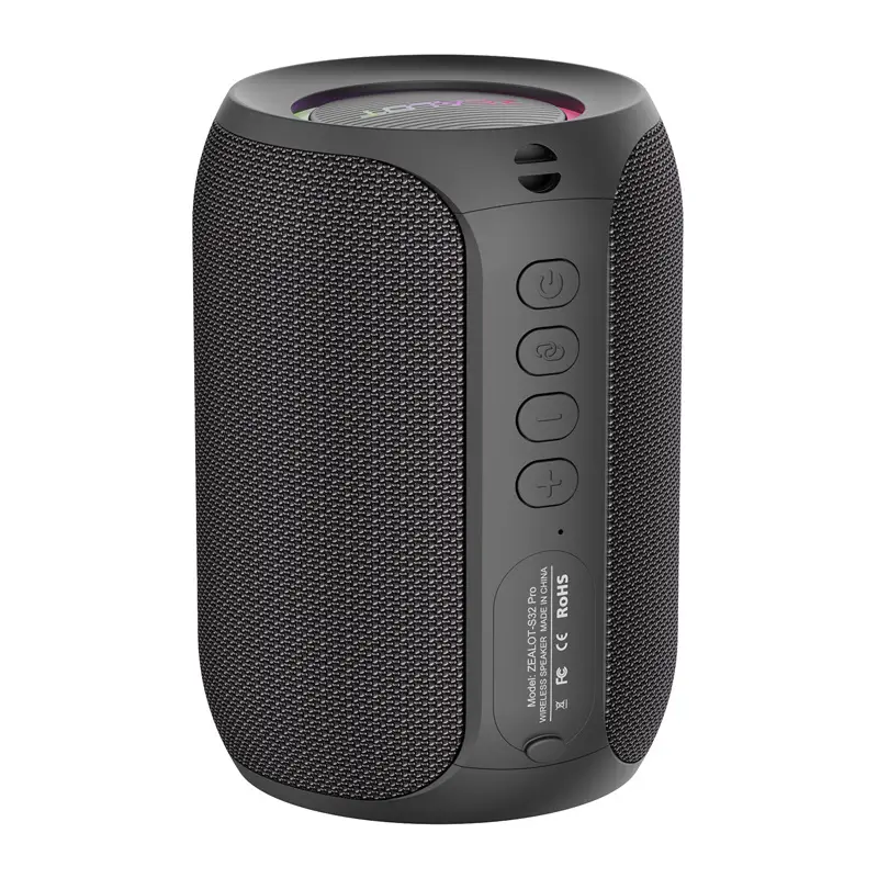 Ultimate Party Companion: Wireless Karaoke Speaker with Microphone - Sing Anytime, Anywhere 5 Portable Black Bluetooth Speaker With Control Buttons And Textured Fabric Surface.