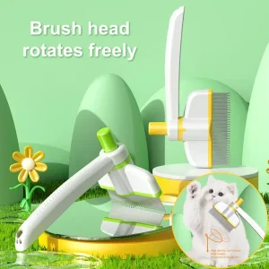 Pet grooming brush featuring a rotating head and a comb attachment for effective fur removal.