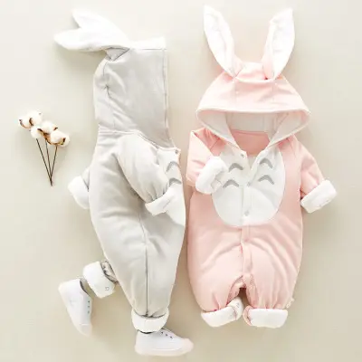 Adorable Baby Jumpsuit - Comfy & Cute Romper for Little Ones 4 Two Baby Bunny Costume Pajamas, One Pink And One Gray, Featuring Bunny Ears And A Front Pocket.