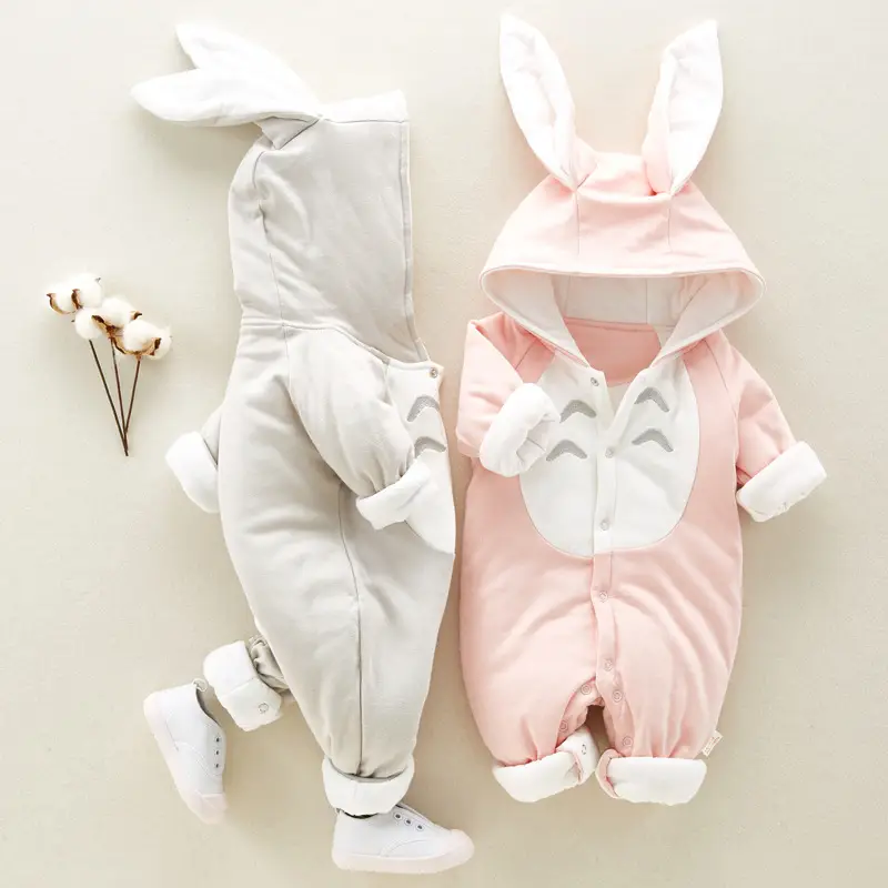 Adorable Baby Jumpsuit - Comfy & Cute Romper for Little Ones 1 Two Bunny-Themed Baby Rompers, One Gray And One Pink, With Hoods And Ear Details.