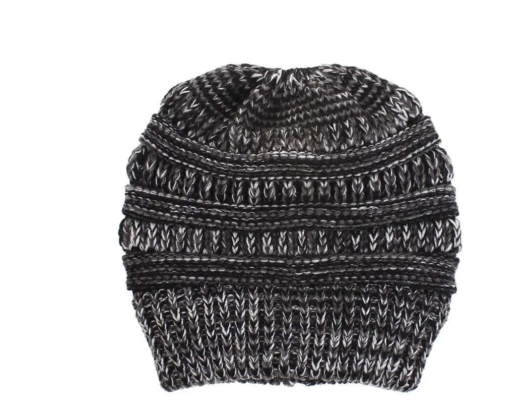 Chic Mixed Color Knitted Ponytail Hat for Ladies 5 Black And Gray Knit Beanie Hat With Textured Patterns And A Folded Brim.