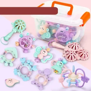 Assorted colorful baby teething toys displayed in a clear storage container with an orange handle.