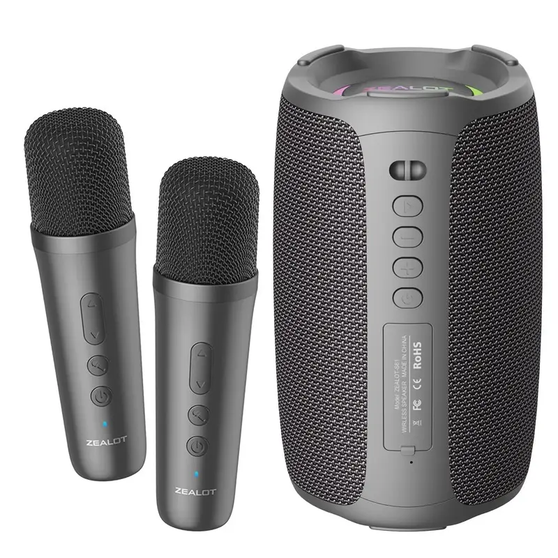 Ultimate Party Companion: Wireless Karaoke Speaker with Microphone - Sing Anytime, Anywhere 4 Wireless Speaker With Two Microphones, Featuring Control Buttons And A Textured Exterior Design.