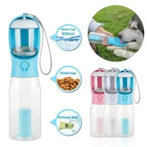 Portable pet water bottle with food compartment and garbage bag holder in blue, pink, and gray colors.