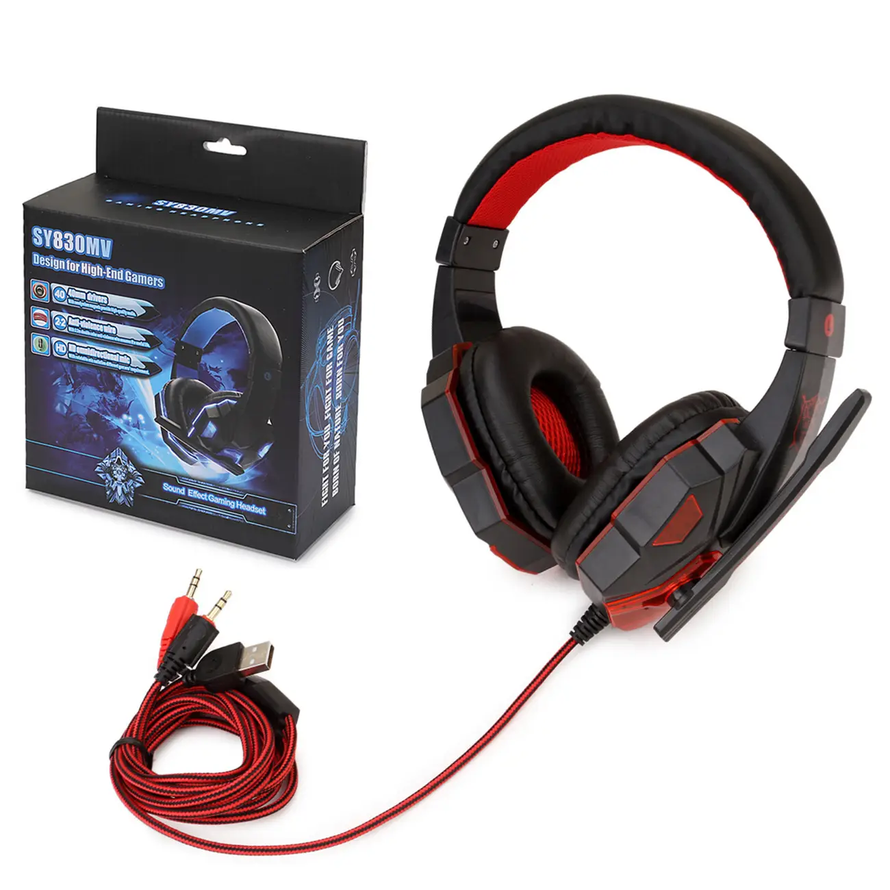 Immersive Sound with Soyto SY830MV Wired Gaming Headphones 5 High-End Gaming Headset With A Red And Black Design, Detachable Microphone, And Multiple Connection Options Including Usb And Audio Jacks.