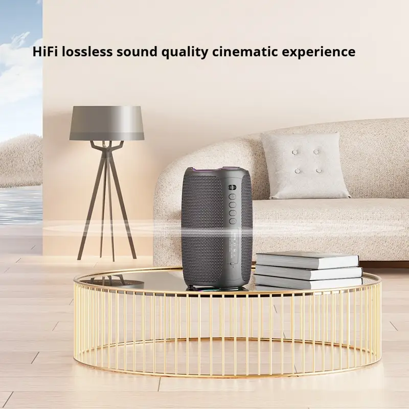 Ultimate Party Companion: Wireless Karaoke Speaker with Microphone - Sing Anytime, Anywhere 6 Portable Speaker With Hifi Sound Quality Placed On A Coffee Table In A Modern Living Room Setting.