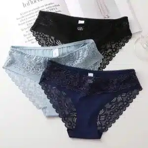 Three pairs of women's lace underwear in light blue, black, and navy blue with intricate lace detailing.