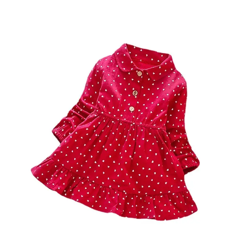 Charming Spring Princess Dress for Little Girls - Adorable Skirt! 3 Red Dress Featuring A Collar And White Heart Patterns, Designed For Children.