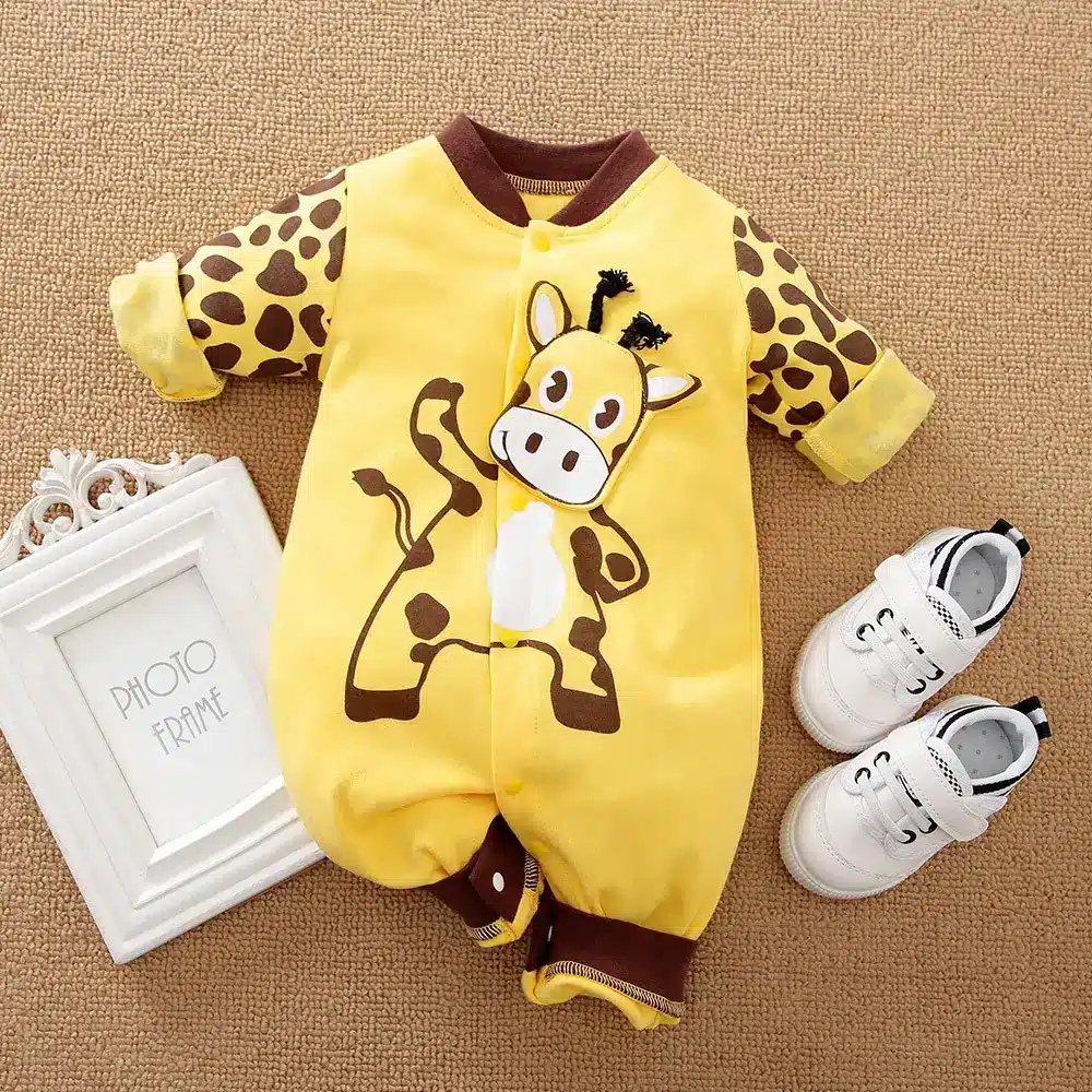 Adorable Baby Jumpsuit Rompers for Easy and Stylish Dressing 1 Yellow Baby Romper With Giraffe Print Design And Matching White Shoes.