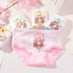 Set of children's underwear featuring cartoon character designs in pink, white, and blue colors.