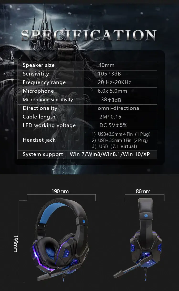 Immersive Sound with Soyto SY830MV Wired Gaming Headphones 18 Specifications For A Gaming Headset Detailing Speaker Size, Sensitivity, Frequency Range, And System Support.