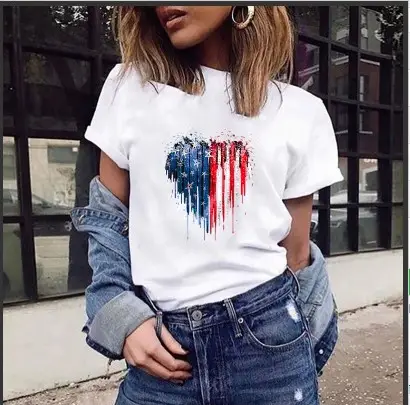 Casual Loose Round Neck Short Sleeve Hoodie for Everyday Comfort 5 Woman Wearing A White T-Shirt With A Heart Design Made Of Red, White, And Blue Stripes, Paired With Denim Jeans And A Jacket.