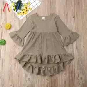 Brown ribbed dress with ruffled hem and bell sleeves for children.