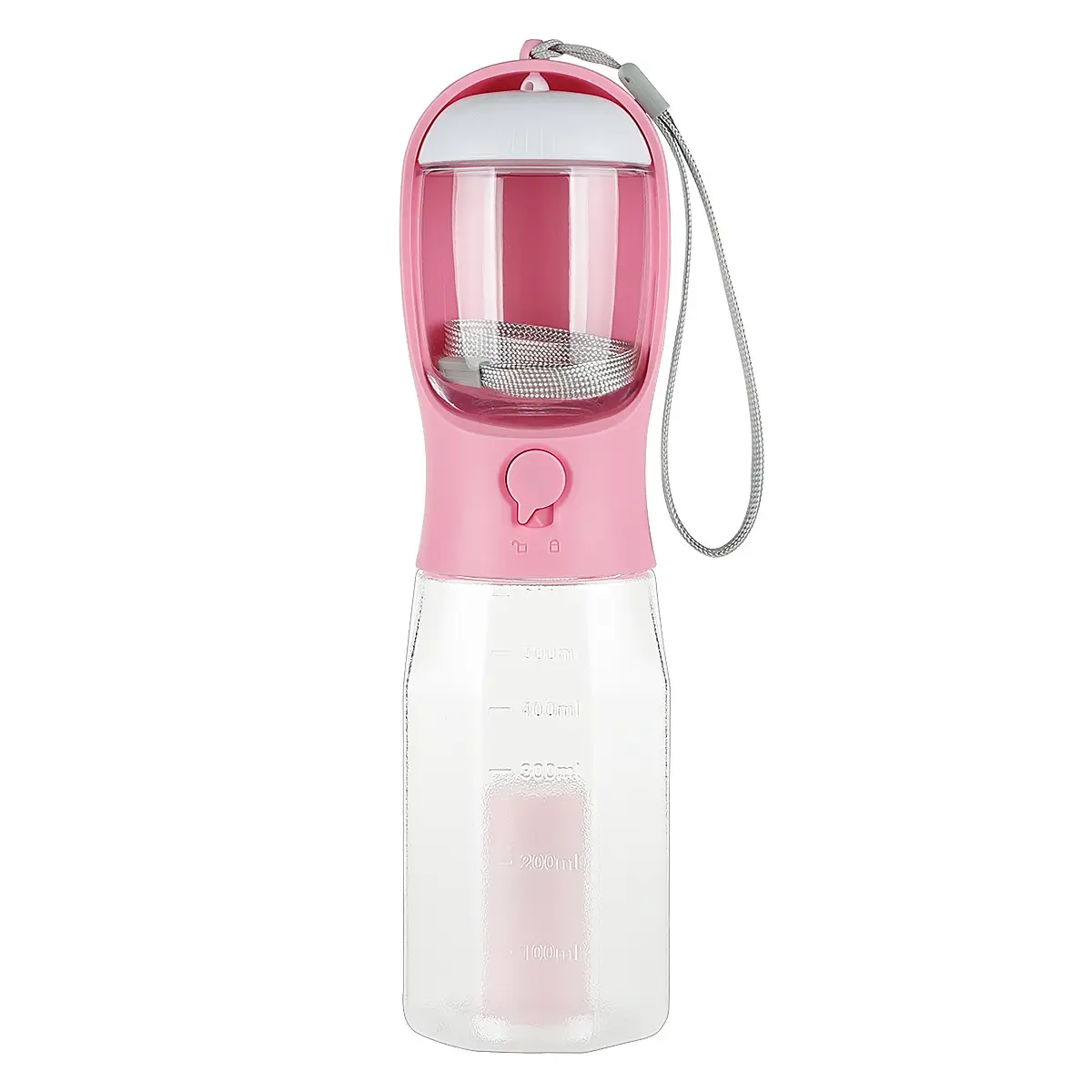 3-in-1 Leak-Proof Travel Bottle & Feeder for Pets 8 Pink Water Bottle With A Built-In Infuser And A Detachable Cap For Easy Cleaning And Filling.
