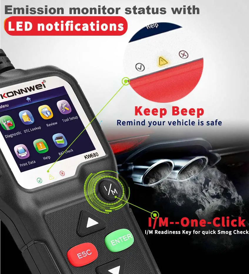 User-Friendly Automotive Fault Diagnosis Scanner for Accurate Results 3 Konnwei Kw680 Diagnostic Tool Displaying Emission Monitor Status With Led Notifications And Buttons For Vehicle Diagnostics.