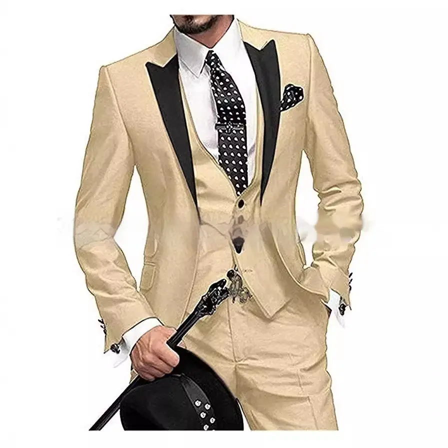 Chic Black Collar Blocked Three Piece Set for Modern Style 2 Beige Suit Featuring Black Lapels And A Matching Tie, Worn By A Man Holding A Cane.