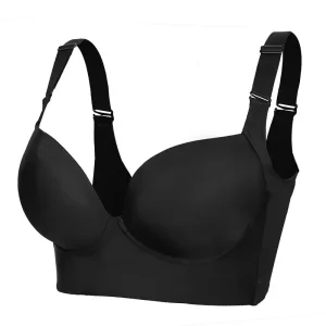 Black wireless bra featuring adjustable straps and a smooth design.
