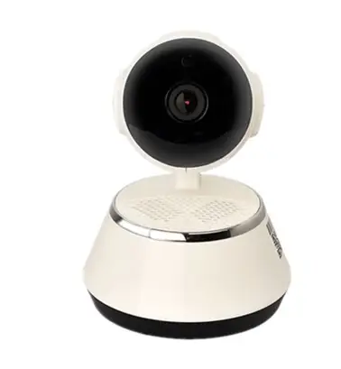 720P Wireless IP Camera - Home Security with Micro SD Slot 2 White Smart Home Security Camera With A Round Lens And Speaker Base.