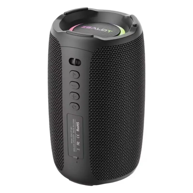 Ultimate Party Companion: Wireless Karaoke Speaker with Microphone - Sing Anytime, Anywhere 7 Black Portable Bluetooth Speaker With Control Buttons And A Textured Surface For Grip.