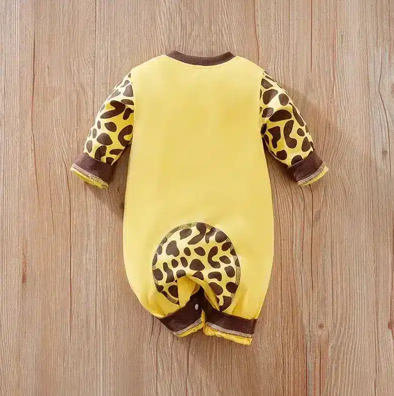 Adorable Baby Jumpsuit Rompers for Easy and Stylish Dressing 6 Back View Of A Yellow Baby Onesie With Giraffe Print Sleeves And Brown Accents.