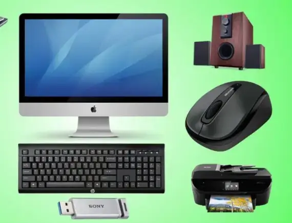 Apple Imac Computer With Keyboard, Mouse, Speakers, And Printer On A Green Background.
